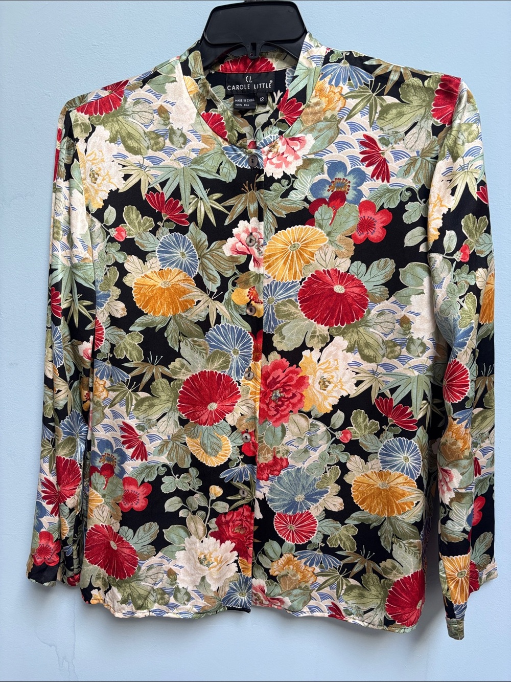 Vintage Carole Little 100% Silk Floral Blouse Button Front Size 12